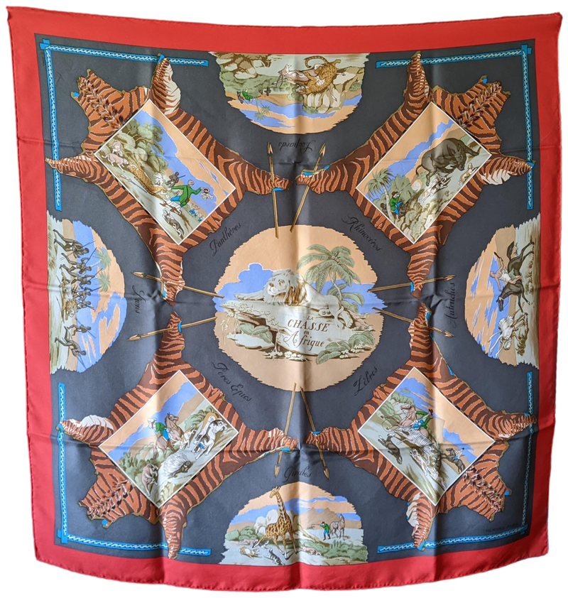 HERMES 2009 CHASSE EN AFRIQUE Twill Silk Scarf 90