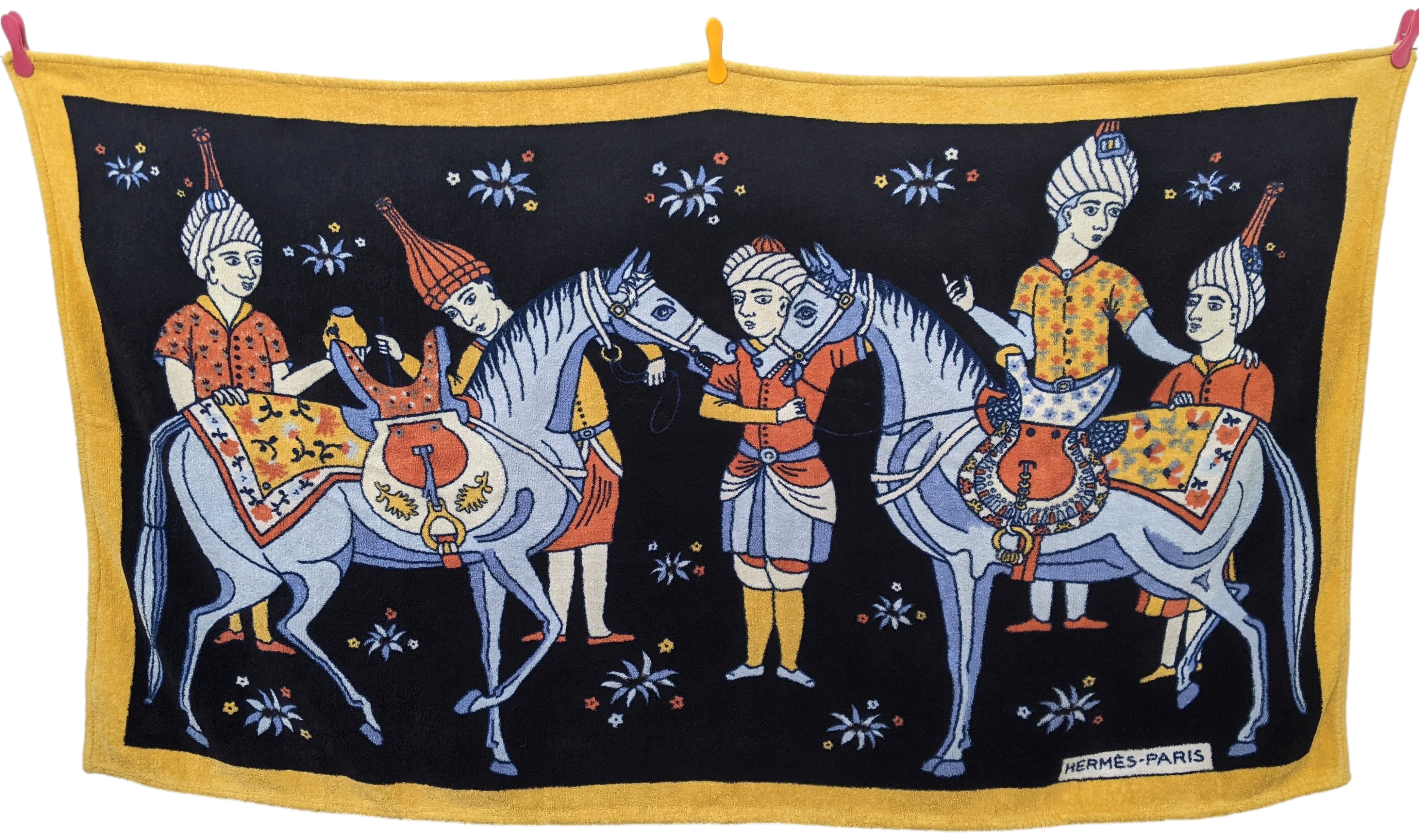 Hermes Noir/Jaune Or " Chevaux " Tapis de Plage Terry Beach Towel 150 x 90cm
