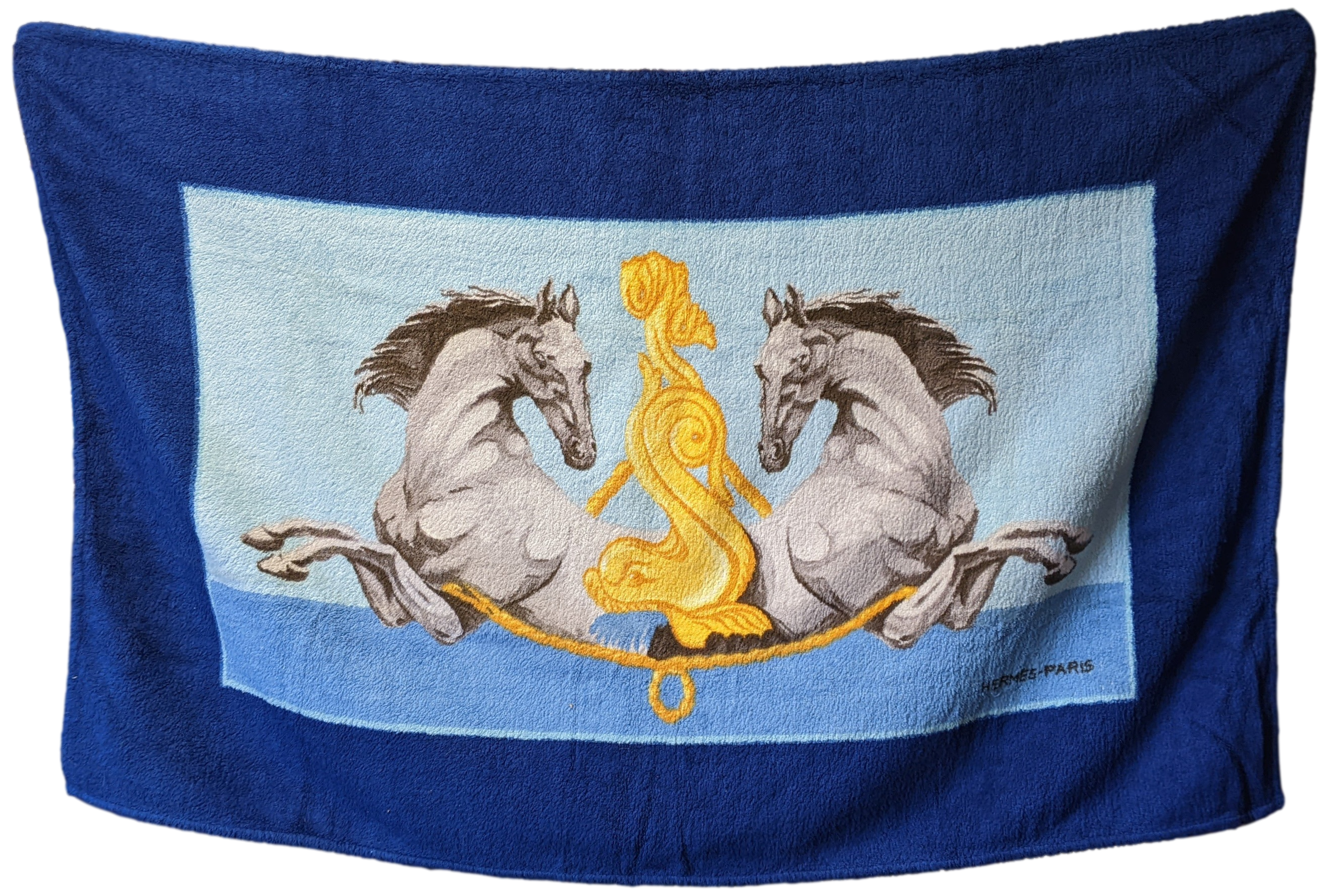 Hermes Vintage Blue/Orange "Chevaux" Tapis de Plage Terry Beach Towel GM 90 x 150 cm