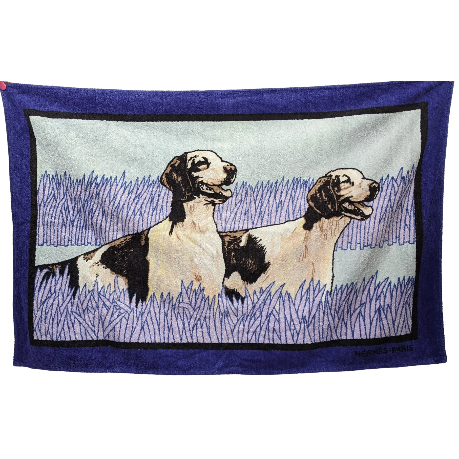 Hermes Vintage Bleu/ Vert D'eau/Lavande Cotton Terry "Chiens de Chasse" Beach Towel 90 x 150 cm