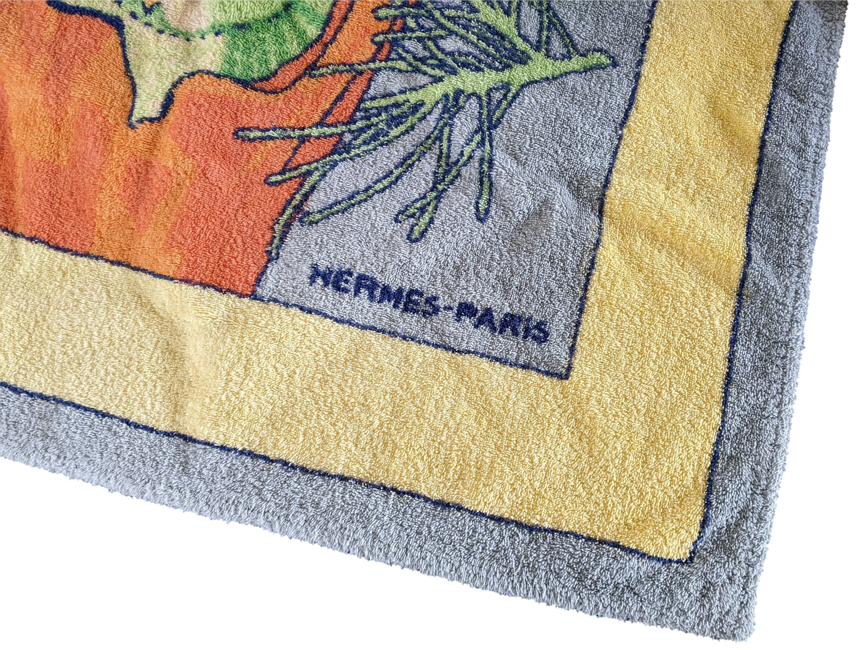 Hermes Grey/Yellow/Green "Chouette" Owl Cotton Terry Beach Towel 90 x 150 cm