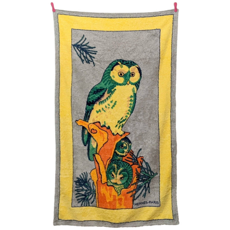 Produits Hermes Grey/Yellow/Green "Chouette" Owl Cotton Terry Beach Towel 90 x 150 cm
