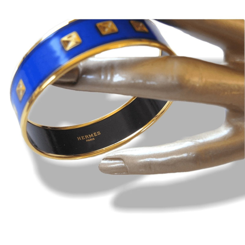 Hermes Cobalt Blue Medor Printed Enamel/Gold Wide Bangle Bracelet, New! - poupishop