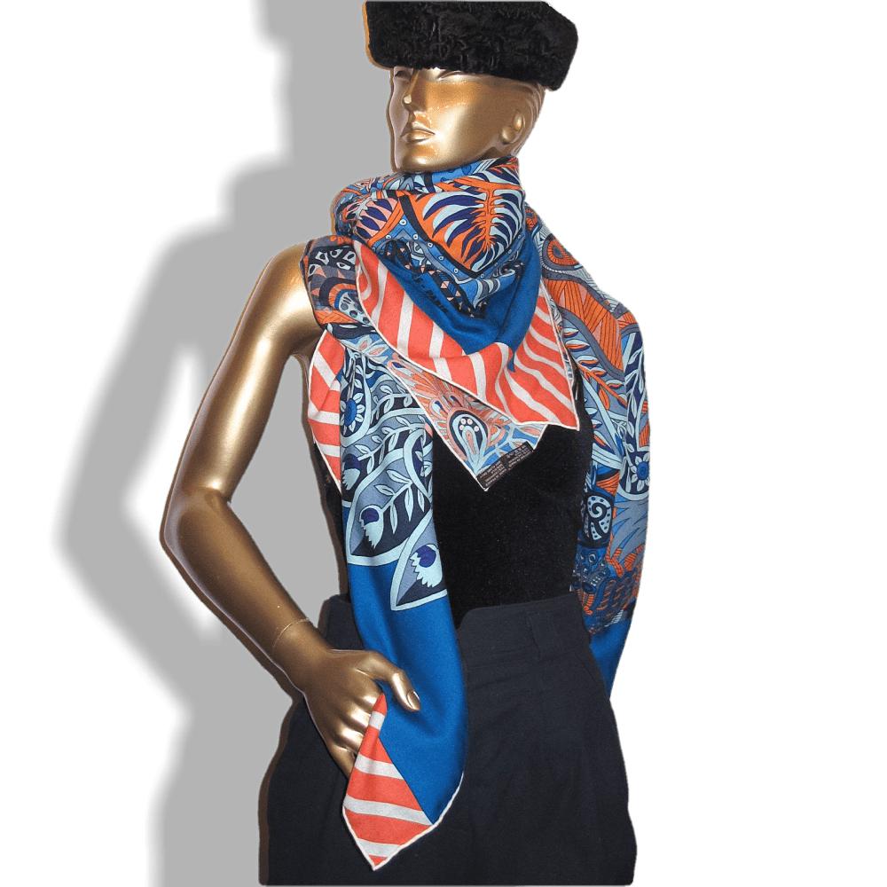 Hermes Cobalt/Orange JARDIN DE LA MAHARANI RECADRE Annie Faivre Cashmere Shawl 140, New! - poupishop