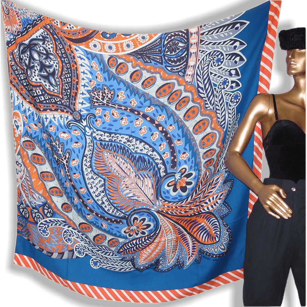 Hermes Cobalt/Orange JARDIN DE LA MAHARANI RECADRE Annie Faivre Cashmere Shawl 140, New! - poupishop