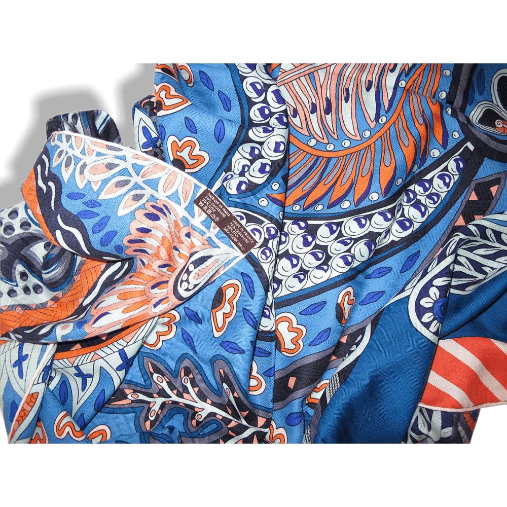 Hermes Cobalt/Orange JARDIN DE LA MAHARANI RECADRE Annie Faivre Cashmere Shawl 140, New! - poupishop