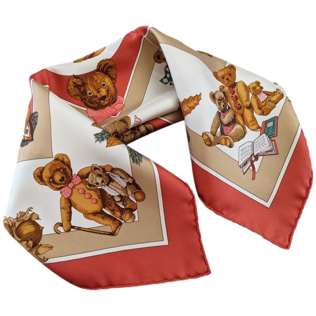 Hermes 2000s Rouge/Creme CONFIDENTS DES COEURS by Loic Dubigeon Teddy Twill Gavroche Pocket Scarf 45 cm BNWT!
