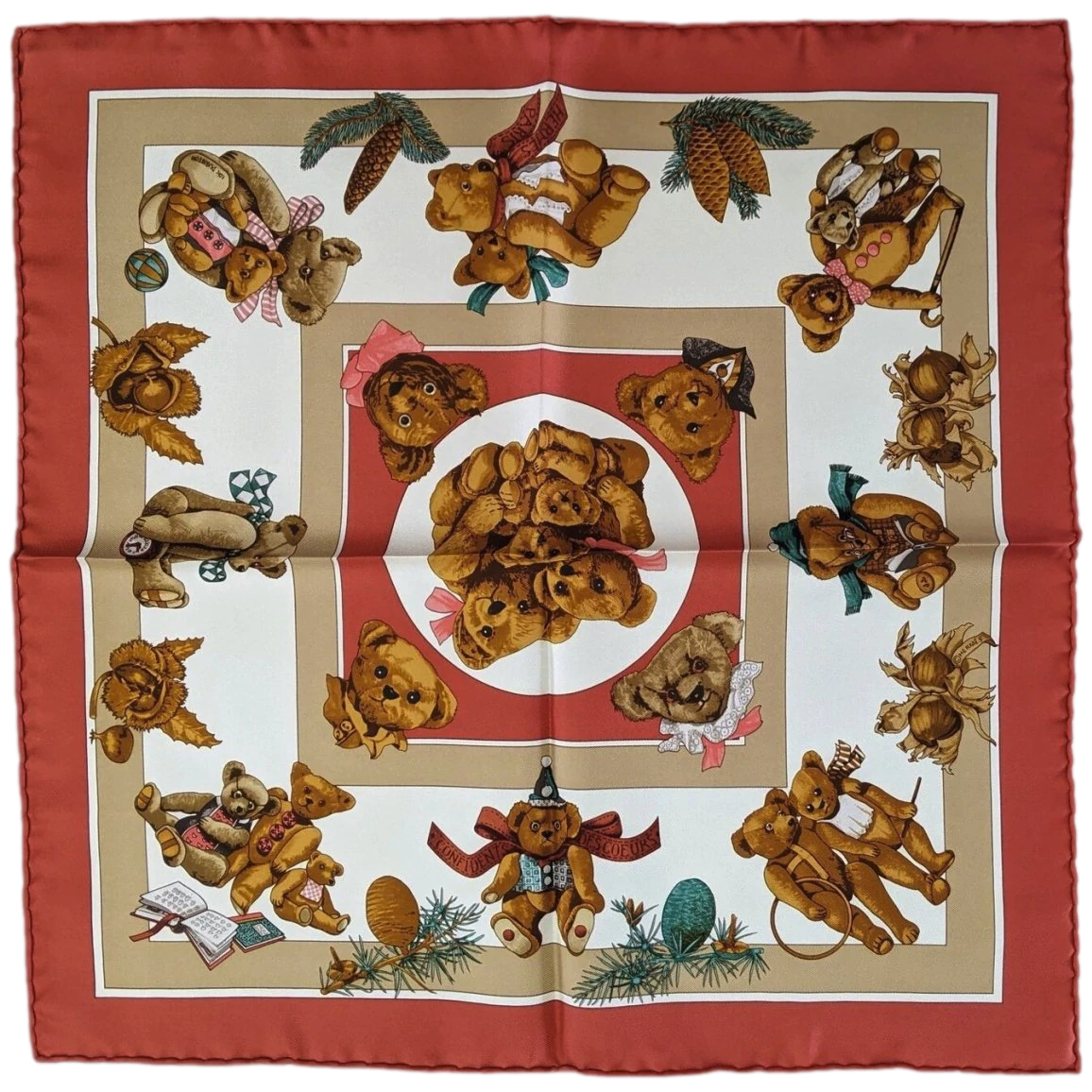 Hermes 2000s Rouge/Creme CONFIDENTS DES COEURS by Loic Dubigeon Teddy Twill Gavroche Pocket Scarf 45 cm BNWT!