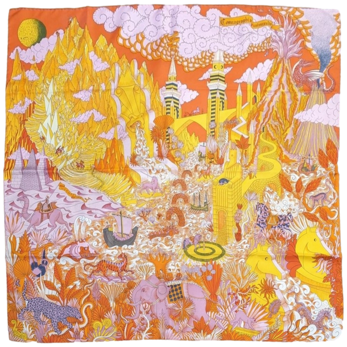 Hermes Orange/Rose "Cosmographia Universalis" by Jan Bajtlik Twill scarf 90cm