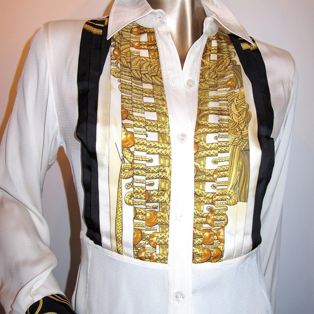 Hermes Couture Vintage Brandebourg Pastron Silk Shirt Sz36 - poupishop