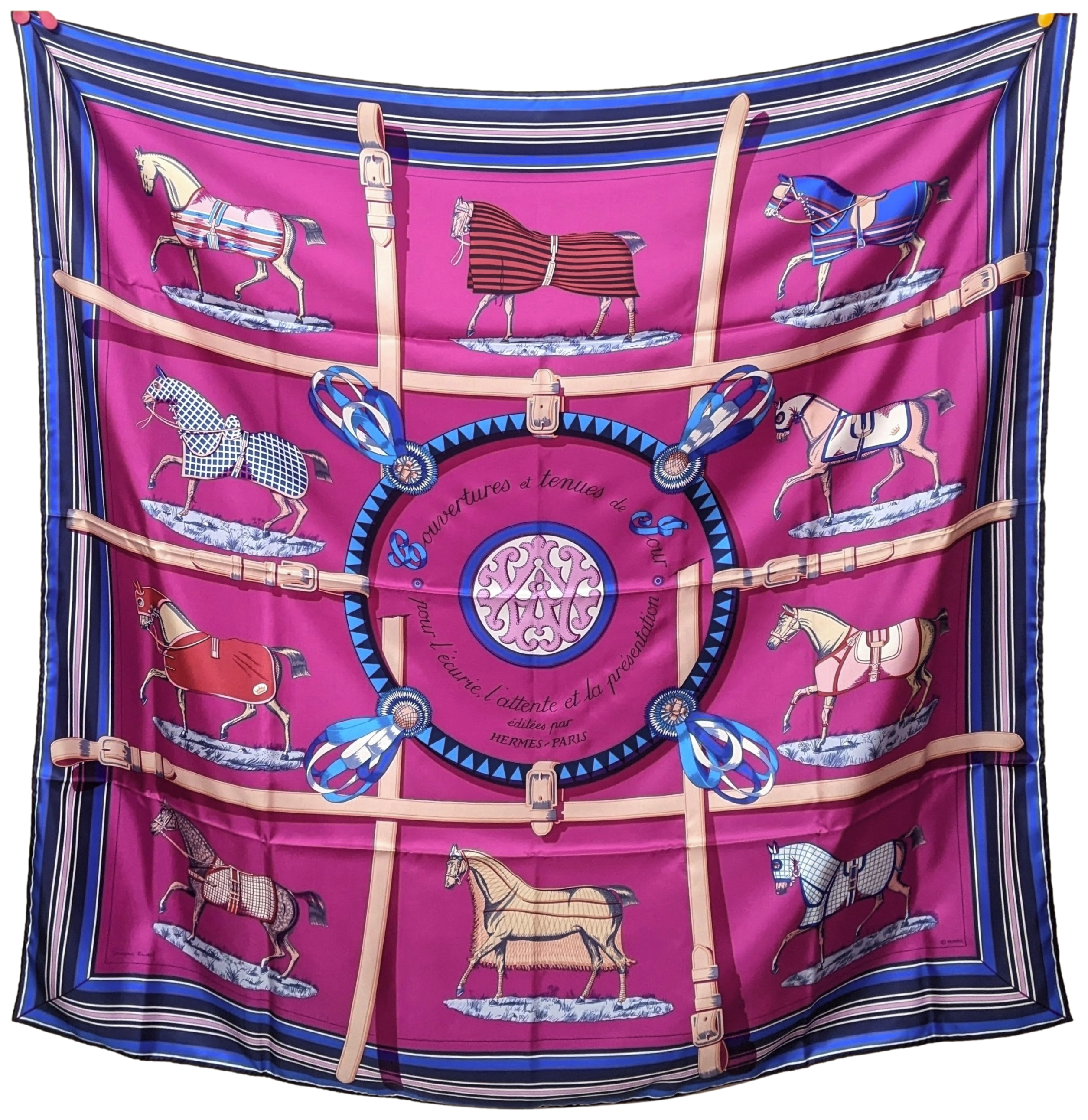Hermes Fuchsia/Bleu "Couvertures et tenues de Jour" by Jacques Eudel 100% Plume Silk Twill 140