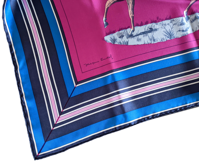 Hermes Fuchsia/Bleu "Couvertures et tenues de Jour" by Jacques Eudel 100% Plume Silk Twill 140