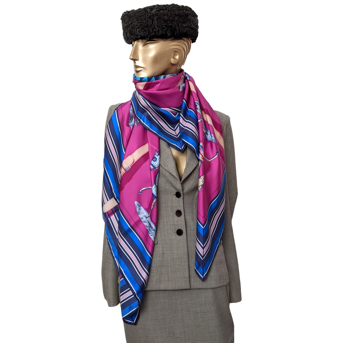 Hermes Fuchsia/Bleu "Couvertures et tenues de Jour" by Jacques Eudel 100% Plume Silk Twill 140