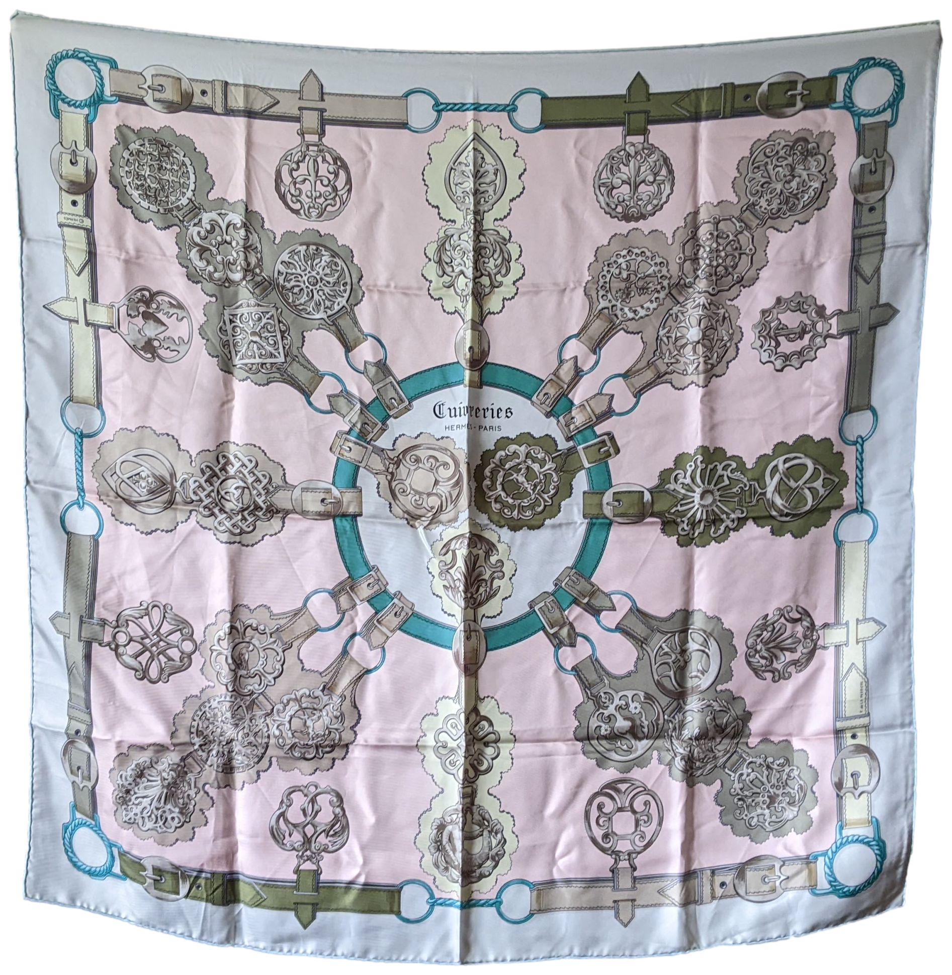 HERMES Pink CUIVRERIE Twill Silk Scarf 90 x 90 cm