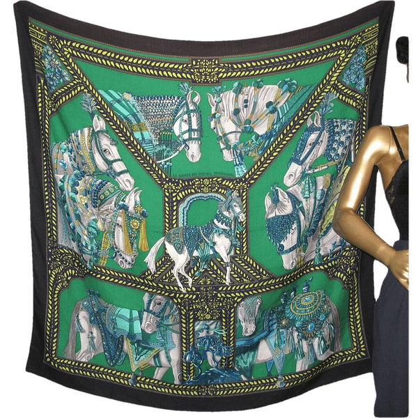 Hermes CW01 Black Green Matte Blanc La Danse du Cheval Marwari Cashmere Shawl 140 - poupishop