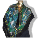 Hermes CW01 Black Green Matte Blanc La Danse du Cheval Marwari Cashmere Shawl 140 - poupishop