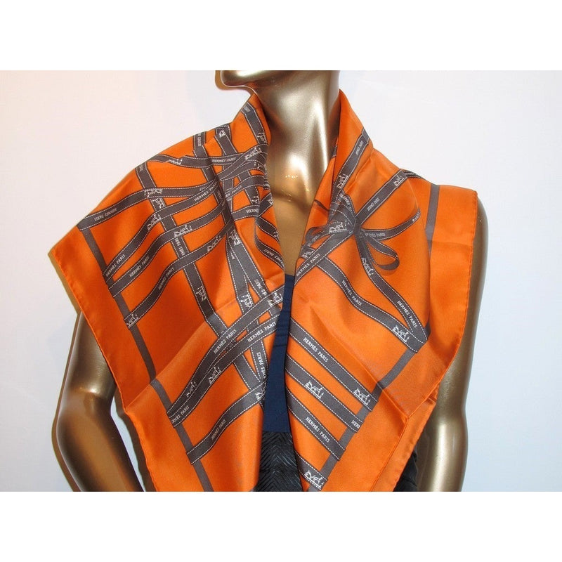 Bolduc Hermes Silk Scarf Orange & Brown 90cm Twill