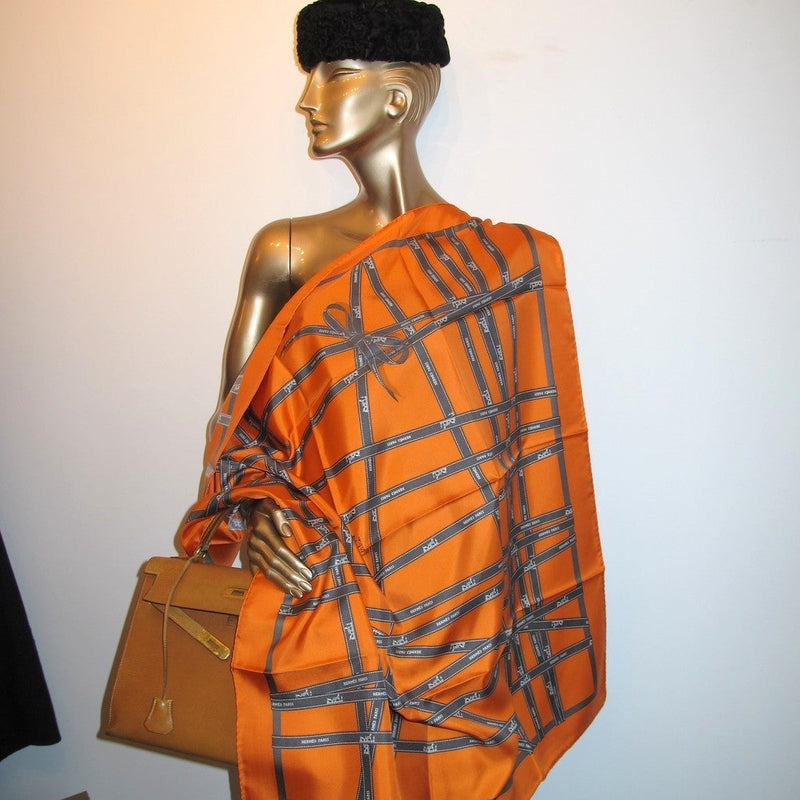 Bolduc Hermes Silk Scarf Orange & Brown 90cm Twill