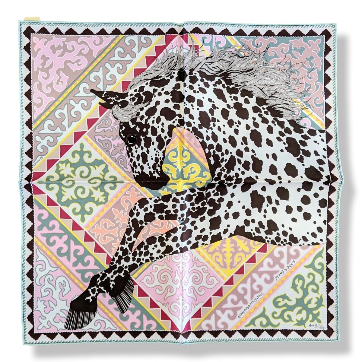 Hermes cw02 Blanc/Marron/Rose APPALOOSA DES STEPPES by Alice Shirley Pocket Scarf Gavroche 45 cm, BNWT! - poupishop