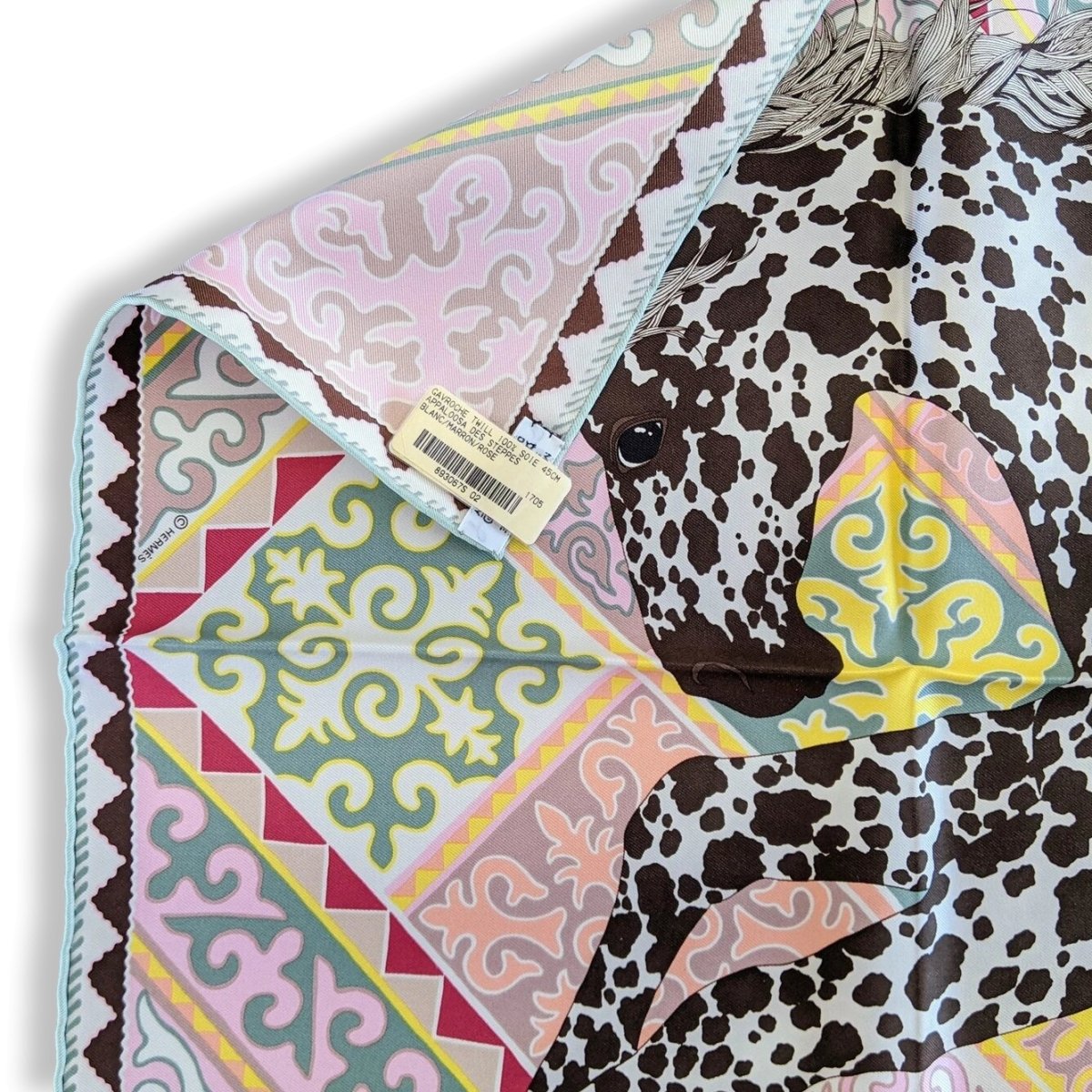 Hermes cw02 Blanc/Marron/Rose APPALOOSA DES STEPPES by Alice Shirley Pocket Scarf Gavroche 45 cm, BNWT! - poupishop