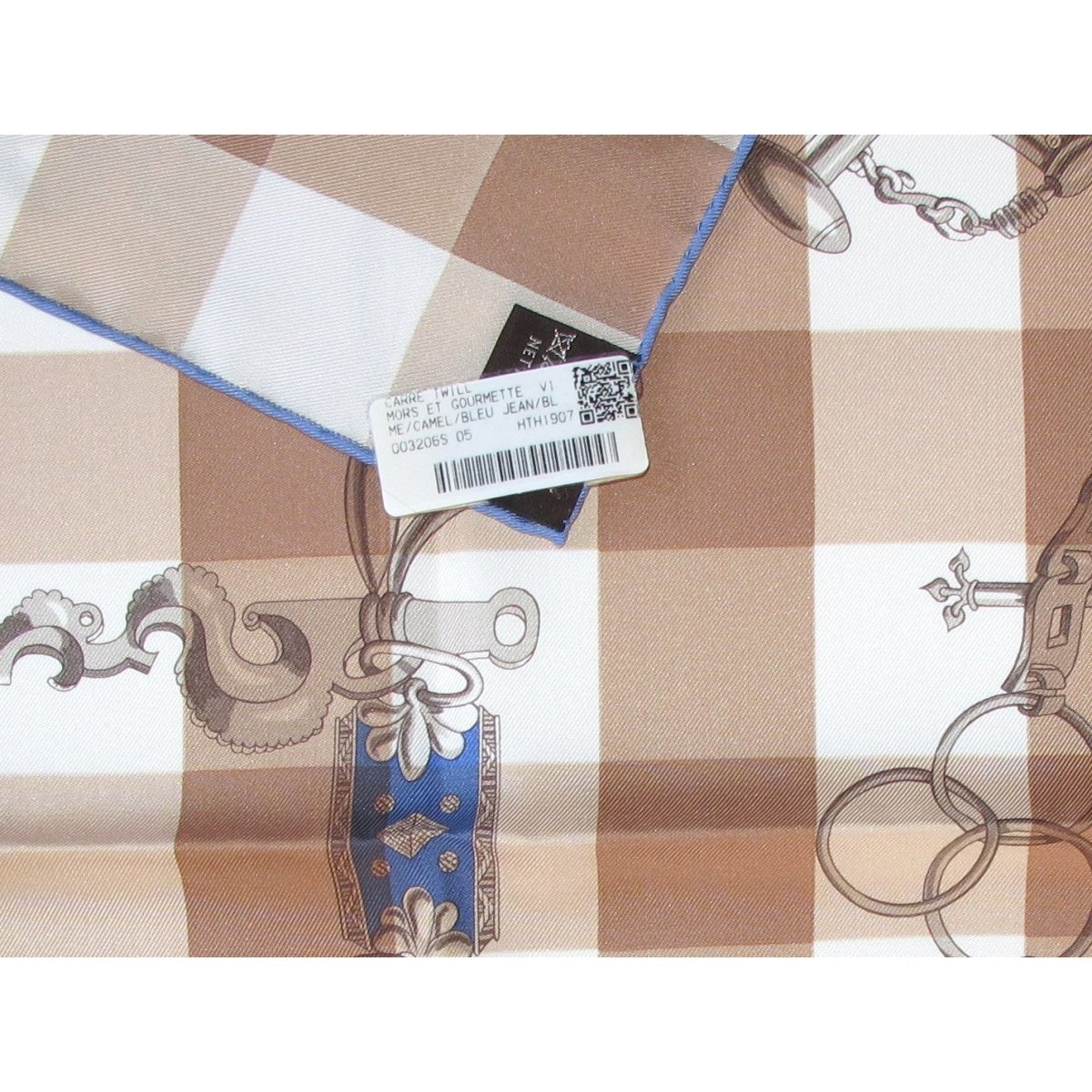 Hermes cw05 Camel Jeans Blue White Mors et Gourmettes Vichy Twill Scarf 90cm, NIB! - poupishop