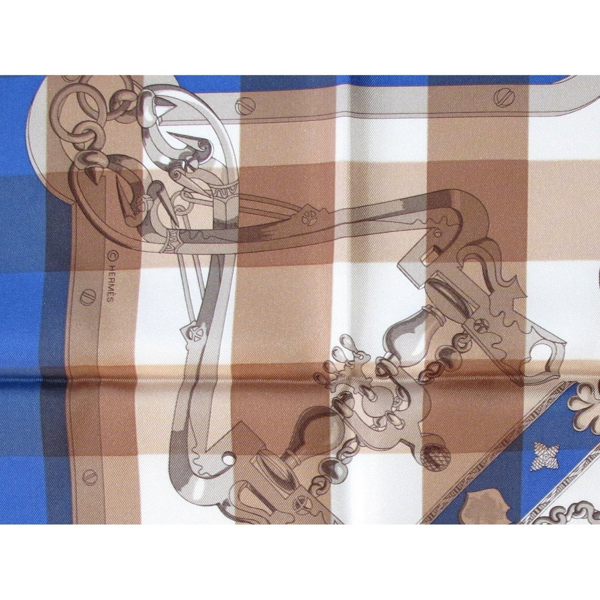 Hermes cw05 Camel Jeans Blue White Mors et Gourmettes Vichy Twill Scarf 90cm, NIB! - poupishop