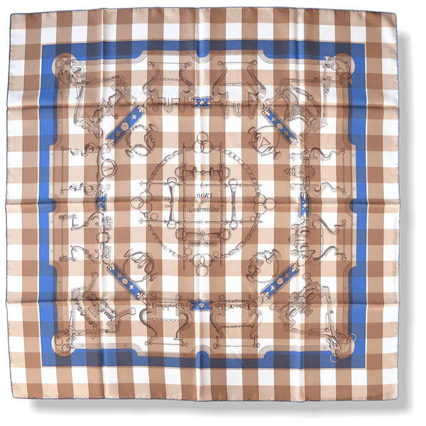 Hermes cw05 Camel Jeans Blue White Mors et Gourmettes Vichy Twill Scarf 90cm, NIB! - poupishop