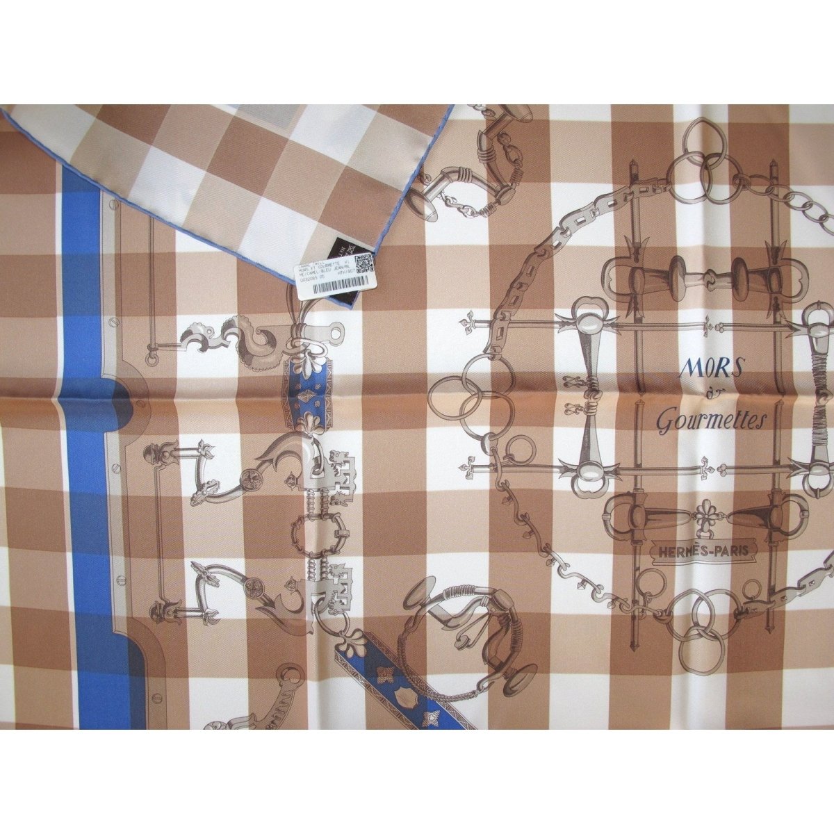 Hermes cw05 Camel Jeans Blue White Mors et Gourmettes Vichy Twill Scarf 90cm, NIB! - poupishop