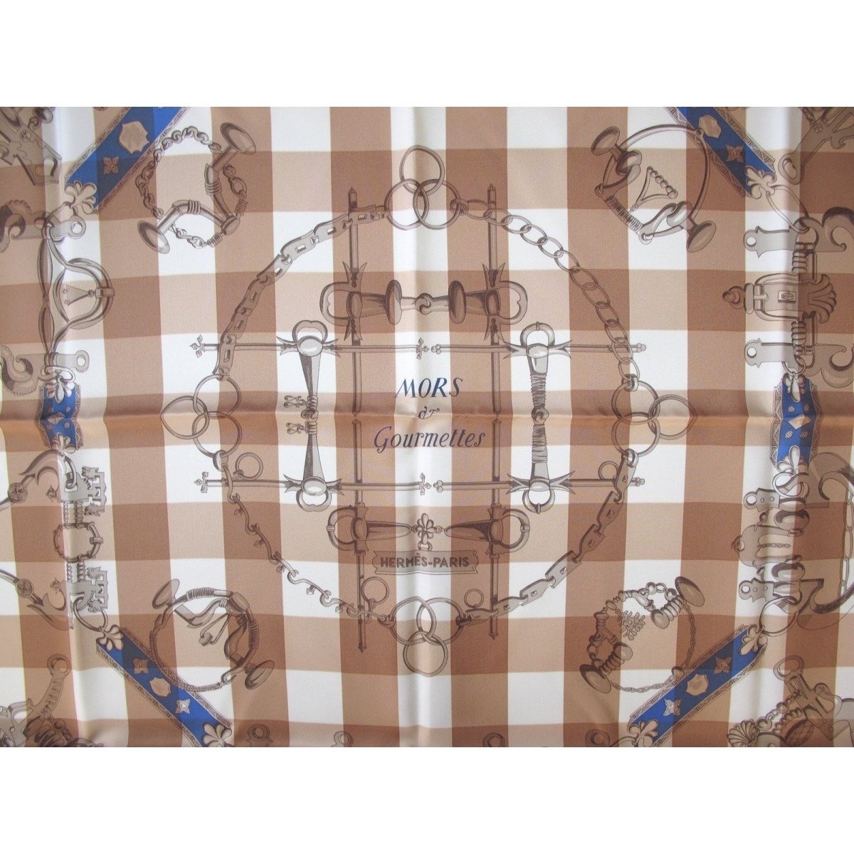Hermes cw05 Camel Jeans Blue White Mors et Gourmettes Vichy Twill Scarf 90cm, NIB! - poupishop