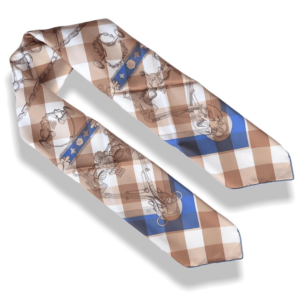 Hermes cw05 Camel Jeans Blue White Mors et Gourmettes Vichy Twill Scarf 90cm, NIB! - poupishop
