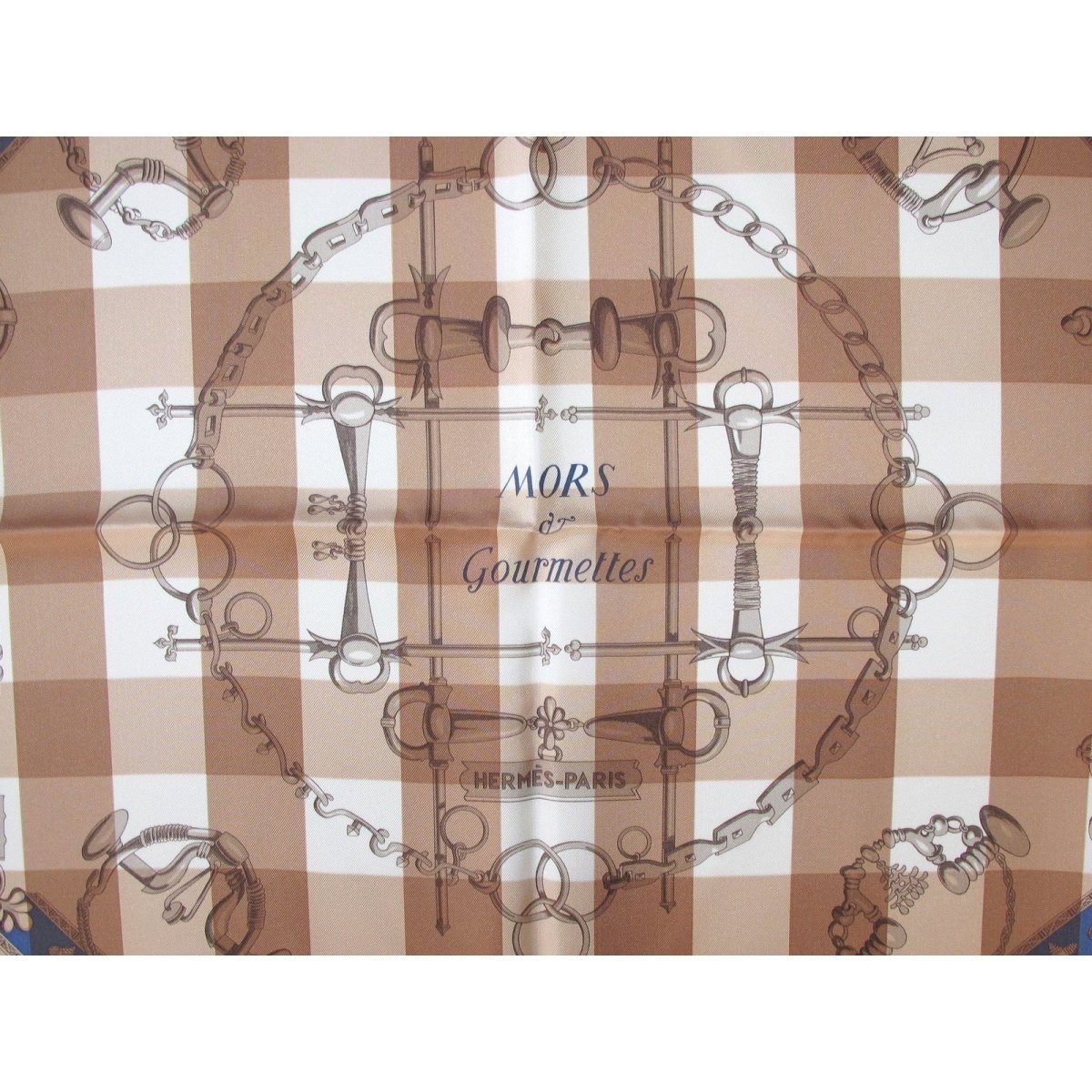 Hermes cw05 Camel Jeans Blue White Mors et Gourmettes Vichy Twill Scarf 90cm, NIB! - poupishop
