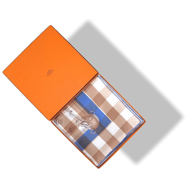 Hermes cw05 Camel Jeans Blue White Mors et Gourmettes Vichy Twill Scarf 90cm, NIB! - poupishop