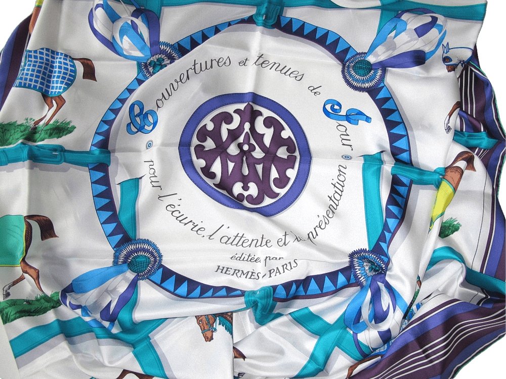 Hermes cw05 White Truquoise Indigo Couvertures et Tenues de Jour Twill Plume 140, New! - poupishop