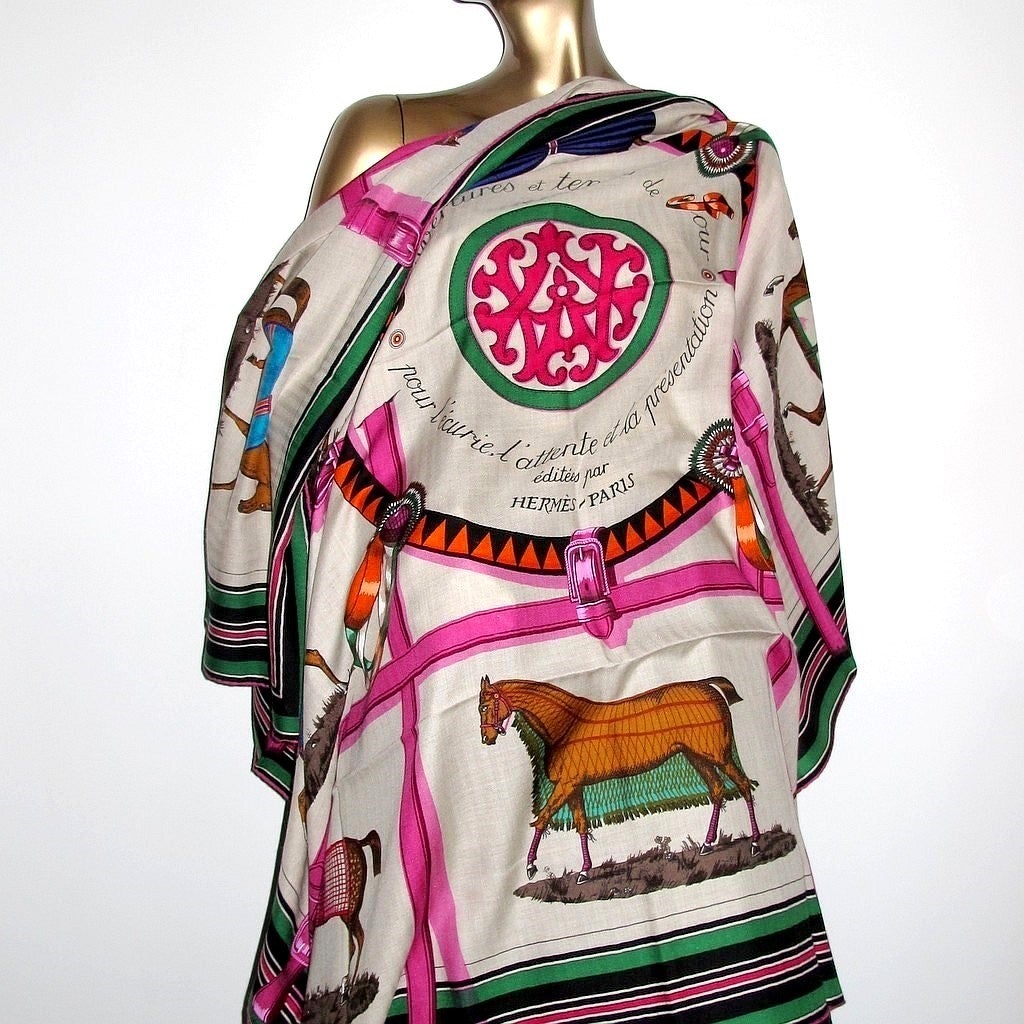 Hermes cw06 Fuchsia/Vert Couvertures et Tenues Unisex Cashmere 140, New! - poupishop