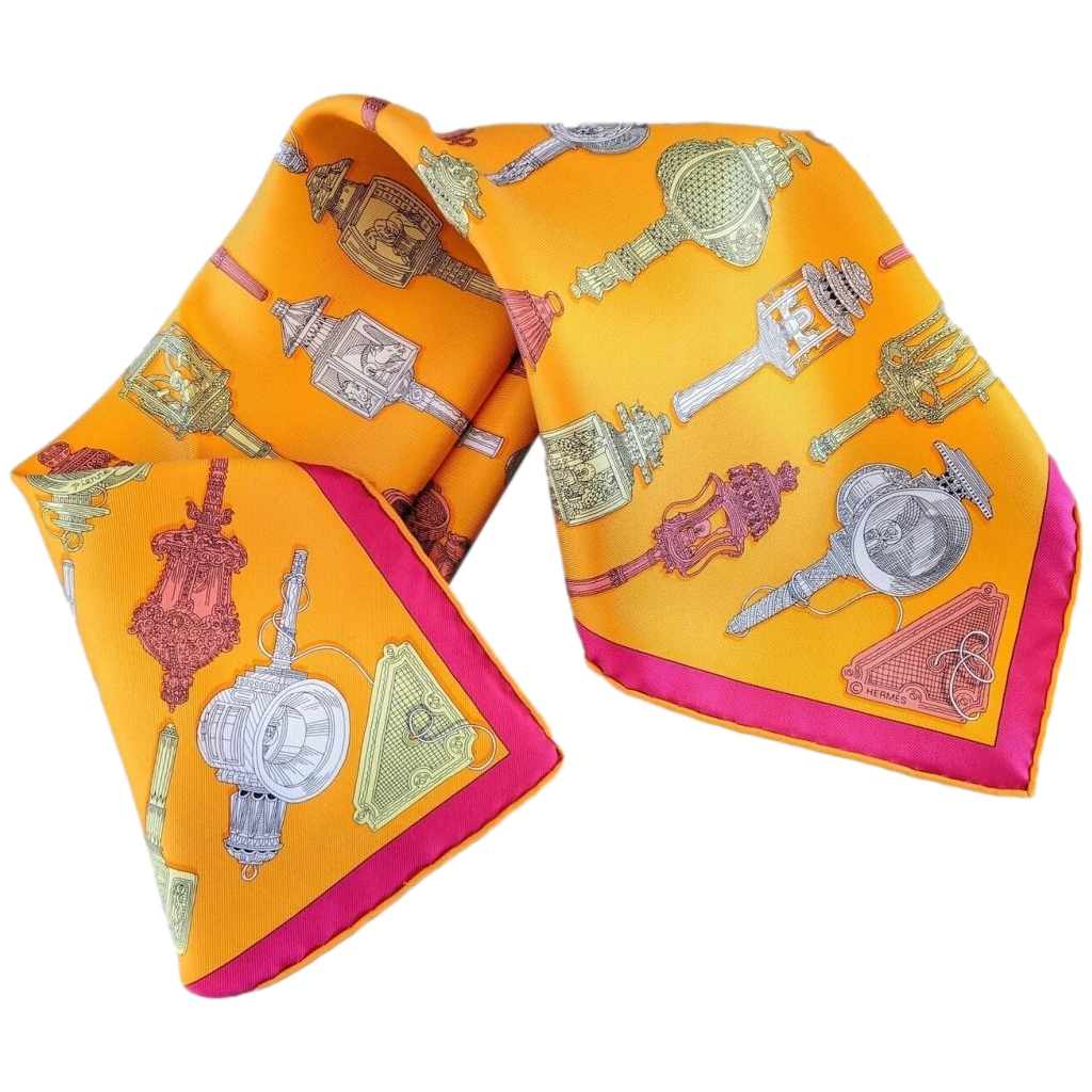Hermes cw07 Orange/Jaune Souffre/Corail MERVEILLEUSES LANTERNES Gavroche Twll Silk 45 cm