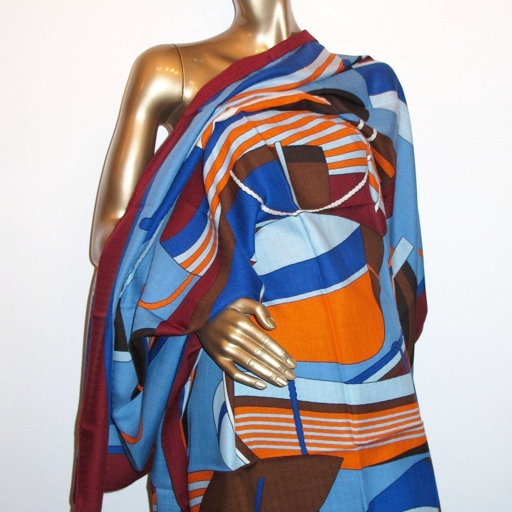 Hermes cw08 Bordeaux/Orange/Bleu Thalassa Cashmere Shawl 140, NWT! - poupishop