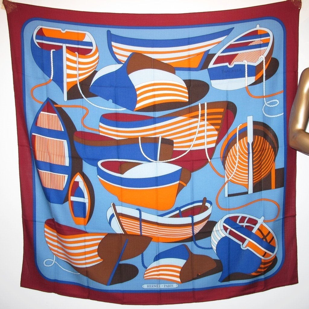 Hermes cw08 Bordeaux/Orange/Bleu Thalassa Cashmere Shawl 140, NWT! - poupishop
