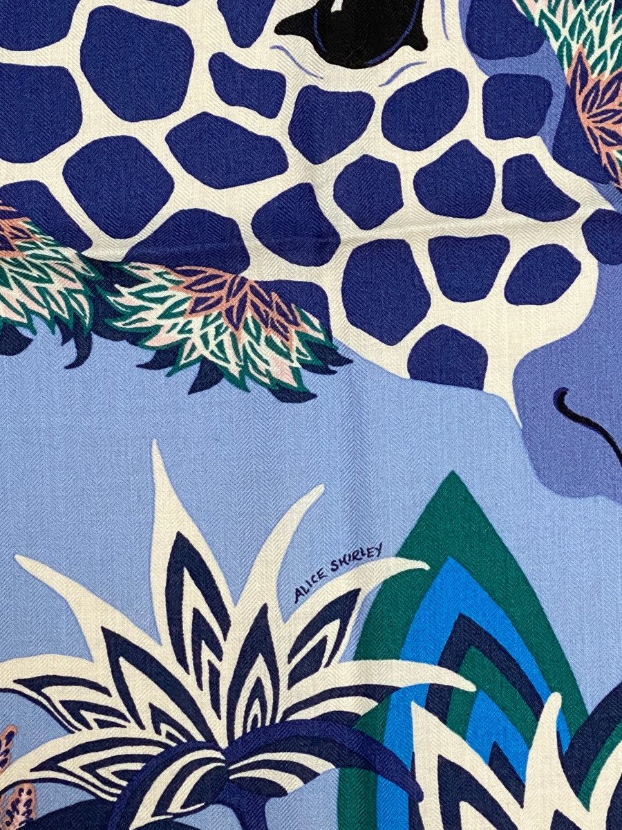 Hermes cw08 Lavande/Indigo/Vert Girafes THE THREE GRACES by Alice Shirley Cashmere Shawl 140, BNWTIB! - poupishop