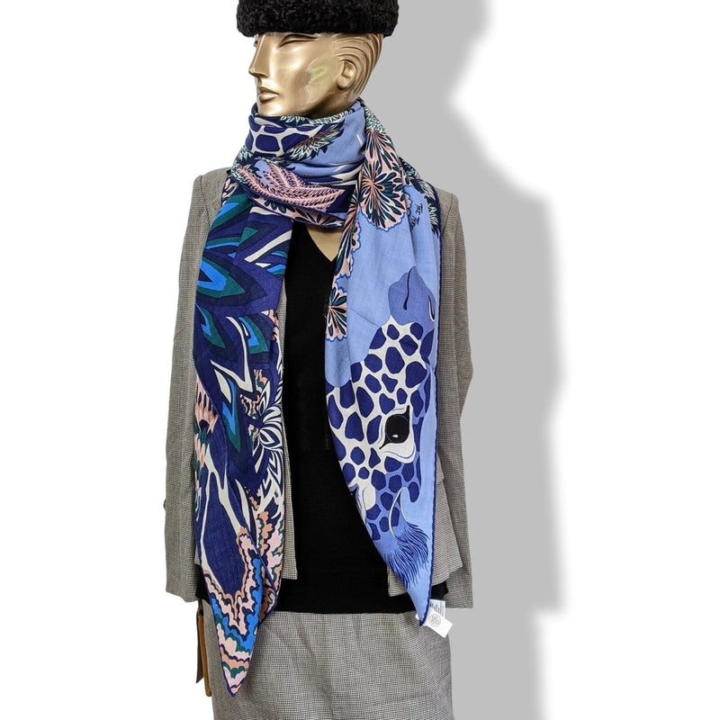 Hermes cw08 Lavande/Indigo/Vert Girafes THE THREE GRACES by Alice Shirley Cashmere Shawl 140, BNWTIB! - poupishop