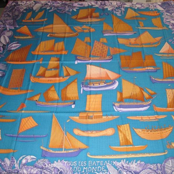 Hermes cw09 Turquoise/Miel/Encre Tous les Bateaux Cashmere Shawl 140, New! - poupishop