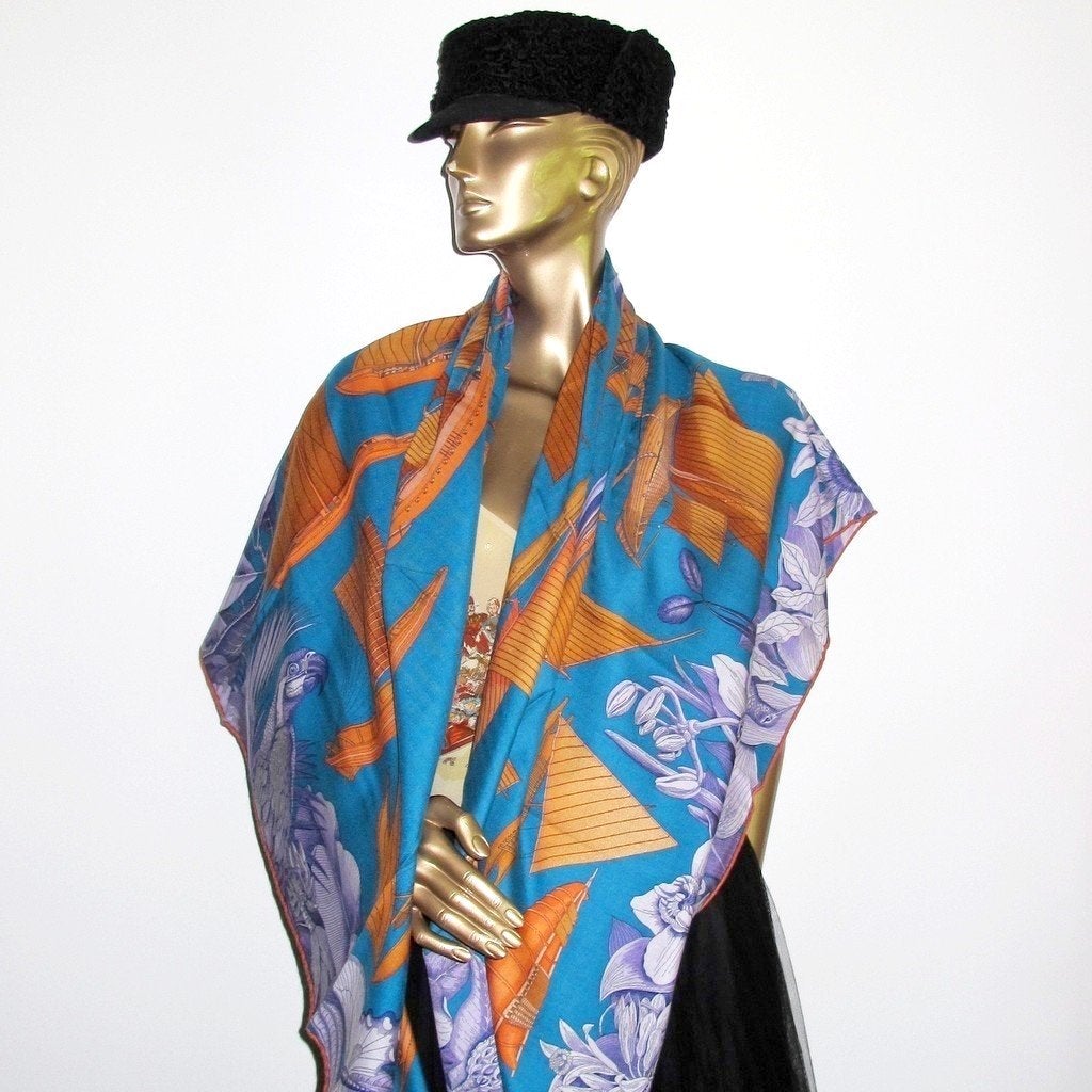 Hermes cw09 Turquoise/Miel/Encre Tous les Bateaux Cashmere Shawl 140, New! - poupishop