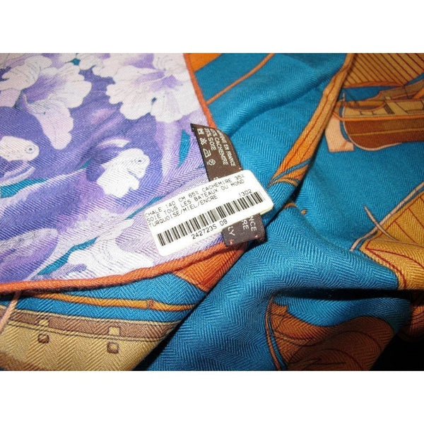 Hermes cw09 Turquoise/Miel/Encre Tous les Bateaux Cashmere Shawl 140, New! - poupishop