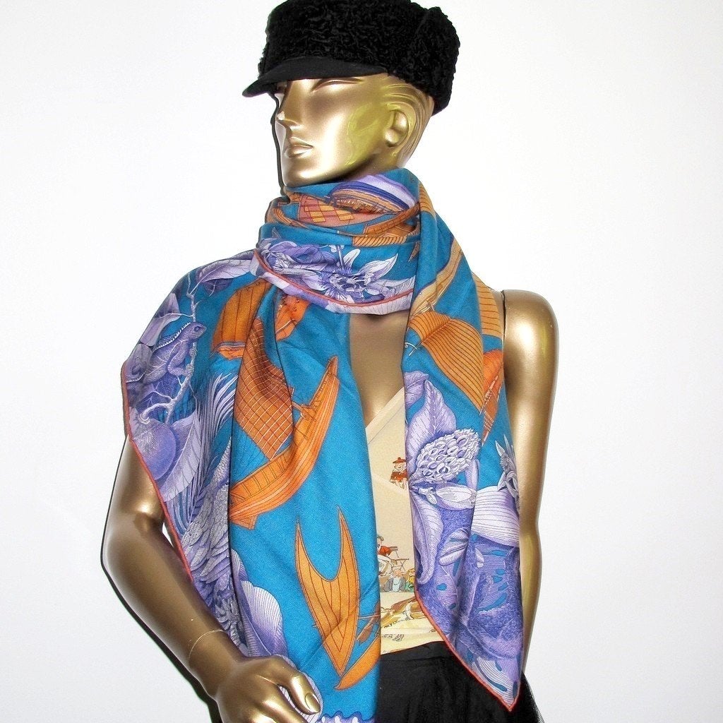 Hermes cw09 Turquoise/Miel/Encre Tous les Bateaux Cashmere Shawl 140, New! - poupishop