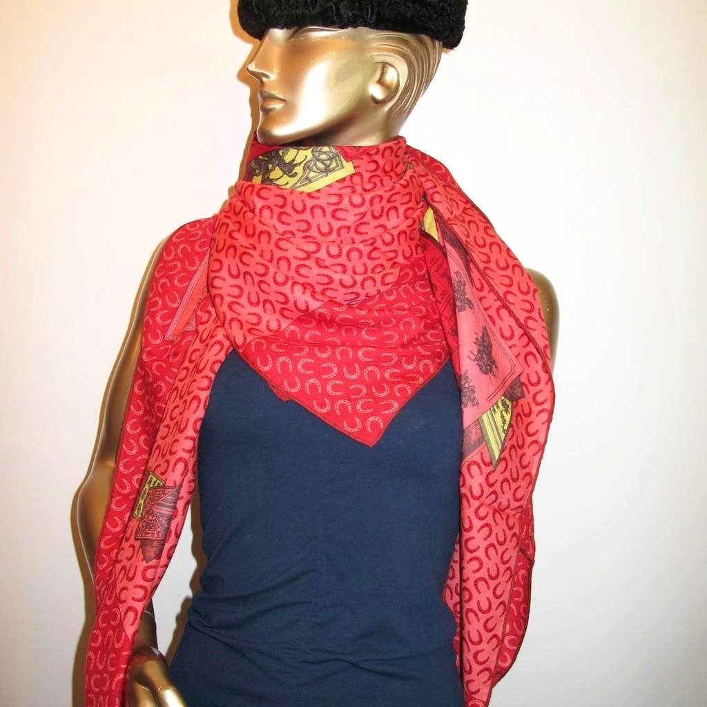 Hermes cw13 Rouge/Crevette A Cheval Sur Mon Carre Cashmere Shawl 140, NWT! - poupishop