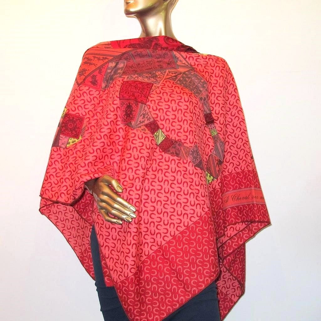 Hermes cw13 Rouge/Crevette A Cheval Sur Mon Carre Cashmere Shawl 140, NWT! - poupishop