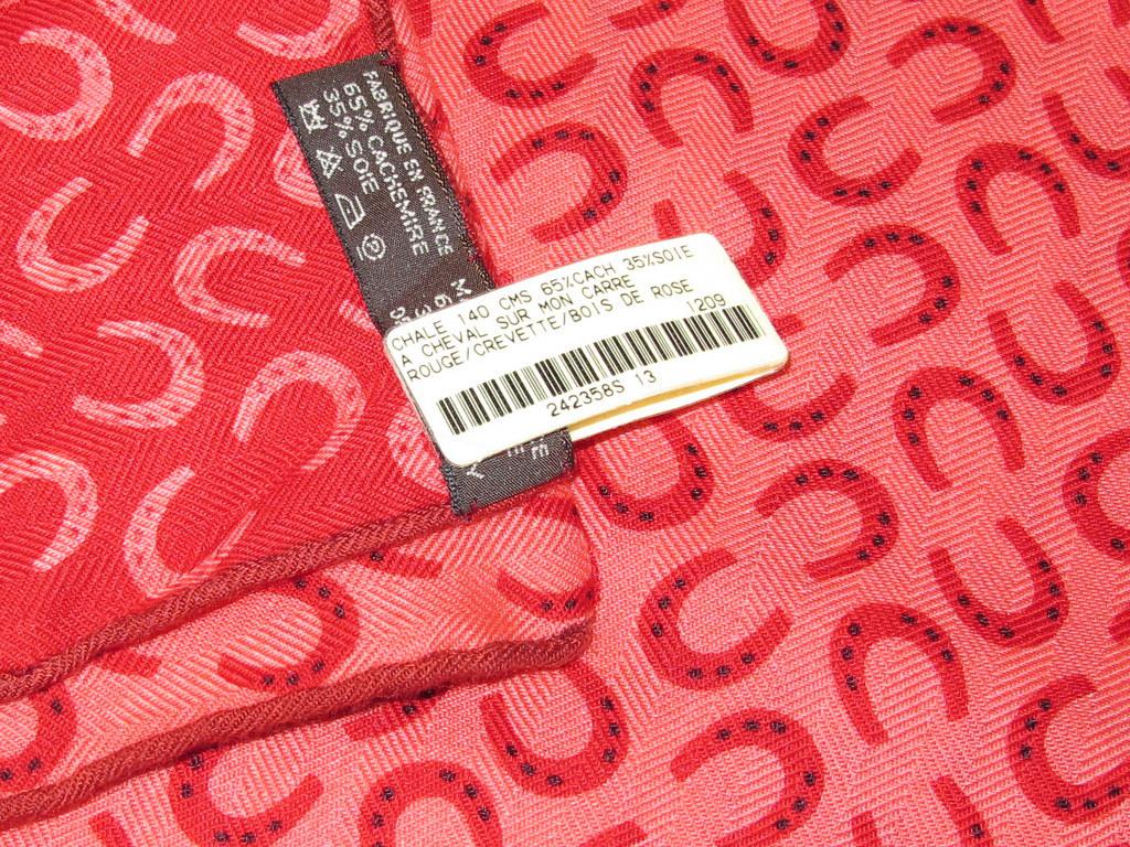 Hermes cw13 Rouge/Crevette A Cheval Sur Mon Carre Cashmere Shawl 140, NWT! - poupishop