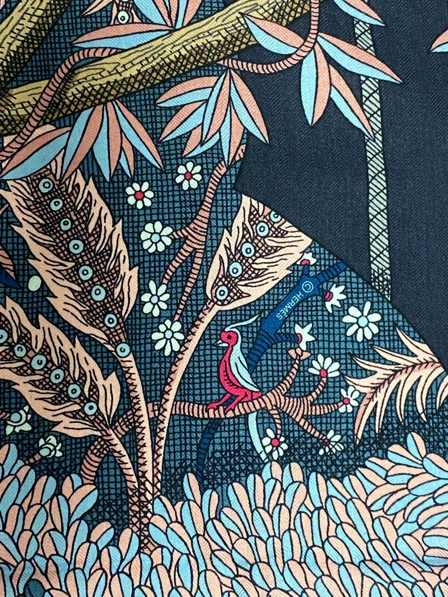 Hermes cw15 2019 Marine/Rose Vif/Bleu Jean ACTE III, SCENE I, LA CLAIRIERE by Edouard Baribeaud Cashmere Shawl 140, BNWTIB! - poupishop