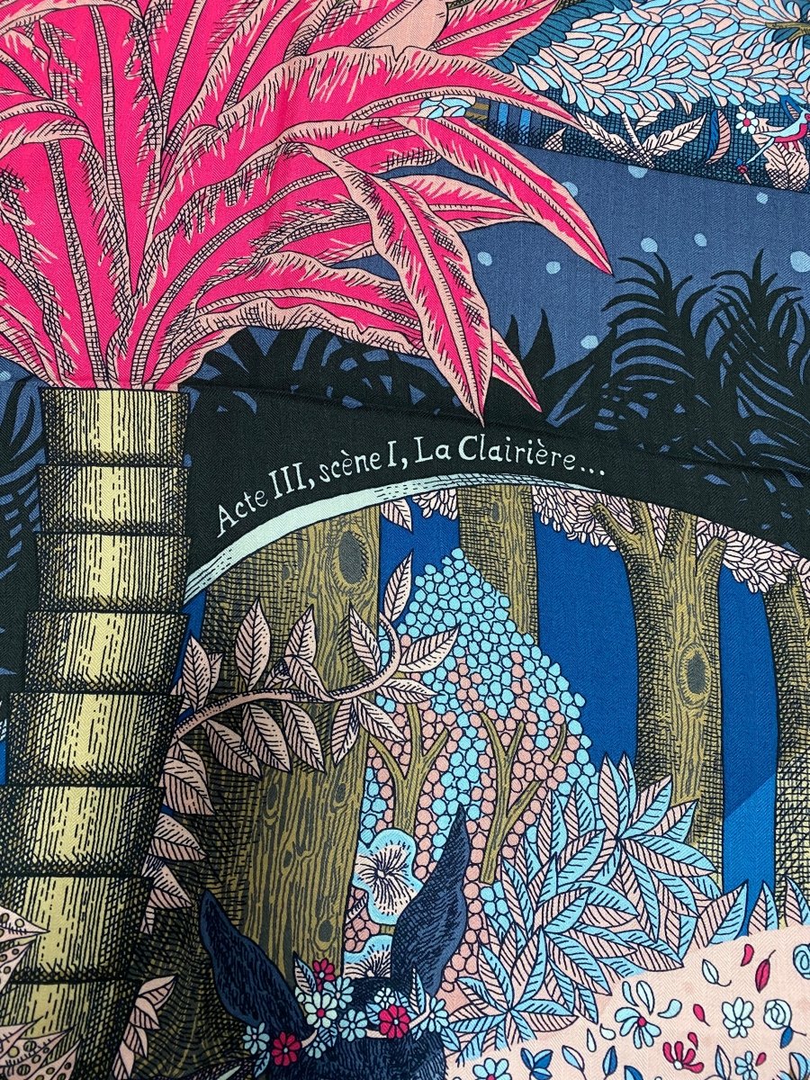 Hermes cw15 2019 Marine/Rose Vif/Bleu Jean ACTE III, SCENE I, LA CLAIRIERE by Edouard Baribeaud Cashmere Shawl 140, BNWTIB! - poupishop