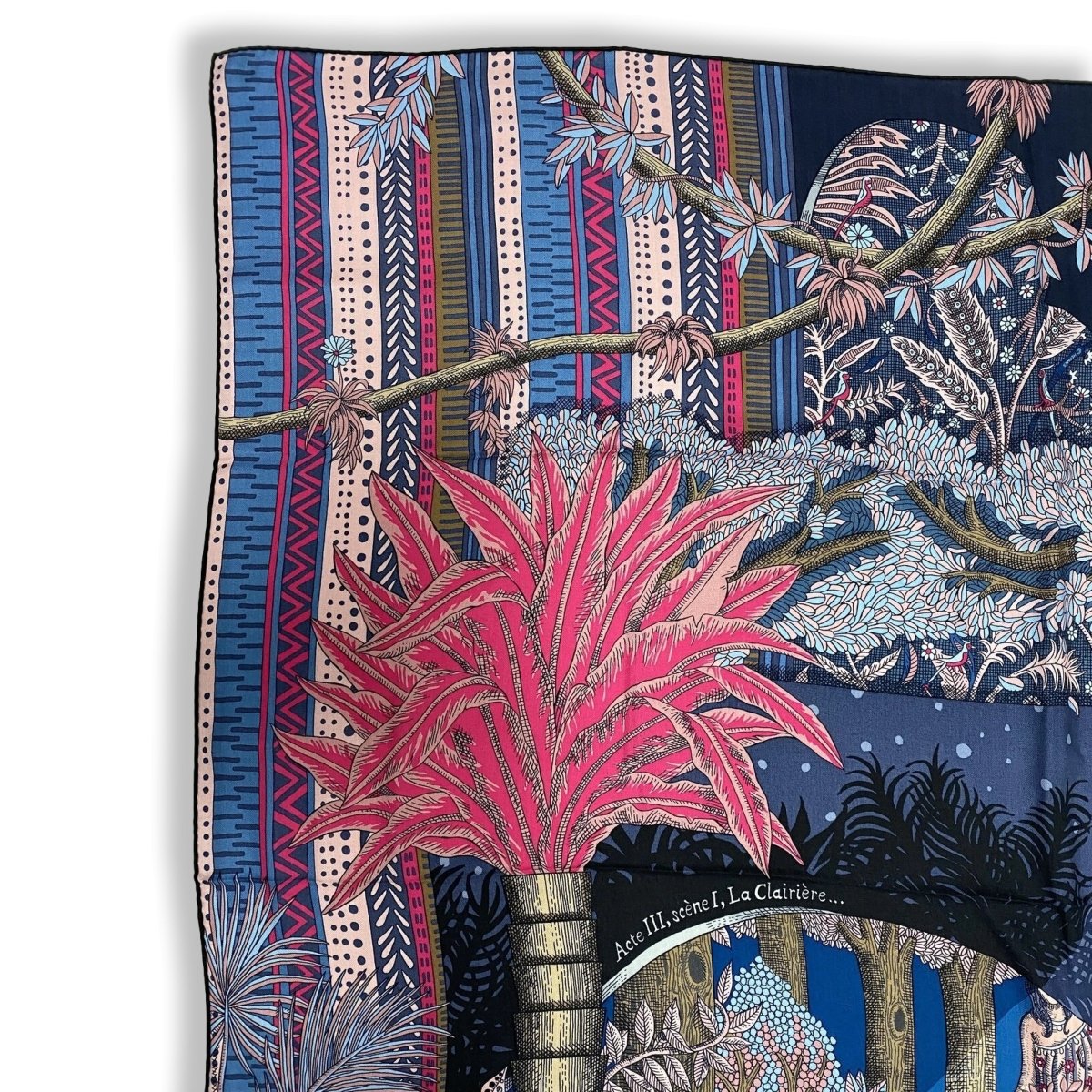 Hermes cw15 2019 Marine/Rose Vif/Bleu Jean ACTE III, SCENE I, LA CLAIRIERE by Edouard Baribeaud Cashmere Shawl 140, BNWTIB! - poupishop