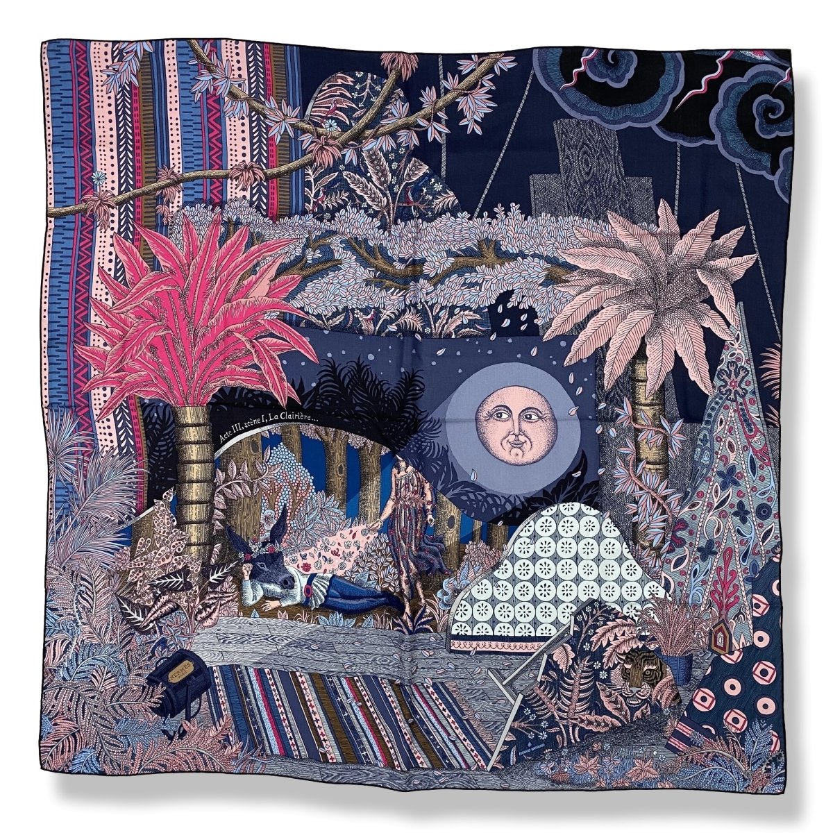Hermes cw15 2019 Marine/Rose Vif/Bleu Jean ACTE III, SCENE I, LA CLAIRIERE by Edouard Baribeaud Cashmere Shawl 140, BNWTIB! - poupishop